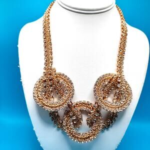 Clear Rhinestone Mesh Three Ring Necklace, Statement Necklace